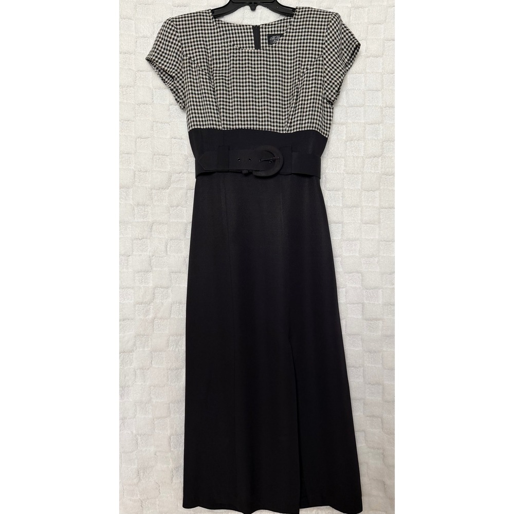 All That Jazz VTG 90s Gingham Belted Maxi Dress Black White Checkered Sz 9/10